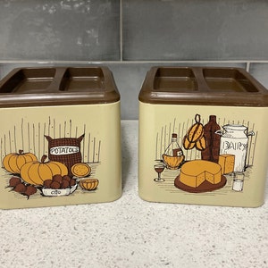 VTG Retro Harvest Brown and Beige Tin Canisters with Lids set of 2