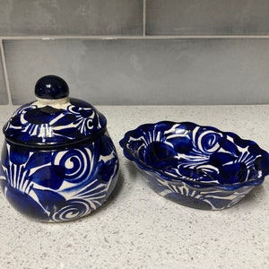 Talavera Mexican Ceramic Royal Blue & White Floral Container w/Lid and Tray