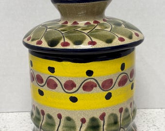 Mexico Talavera Hand Painted Red Berries Green Leaves Design container w/lid