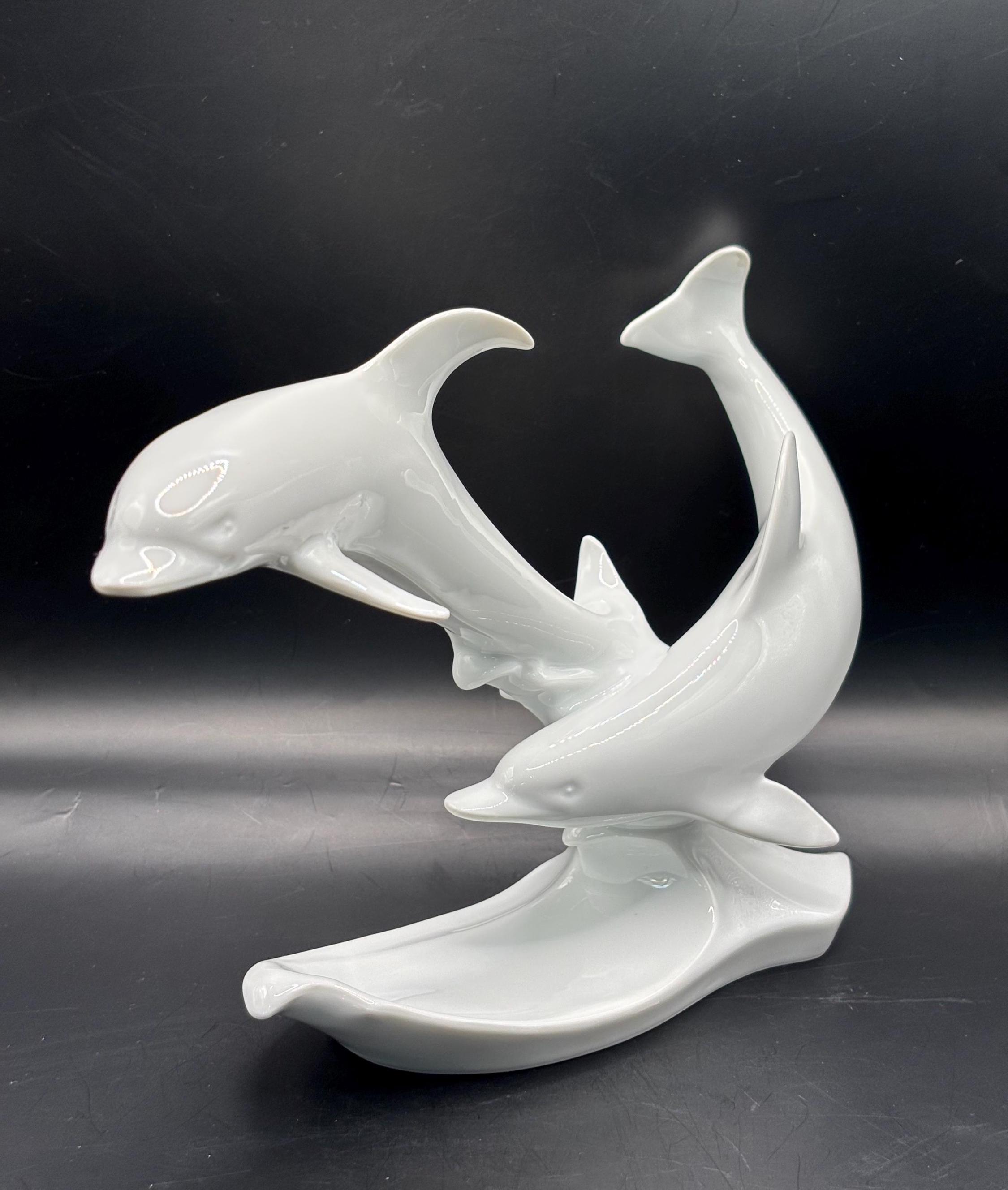 VTG KAISER West Germany Bisque Porcelain Dolphins Sculpture-signed