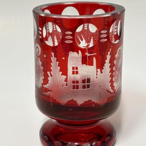 VTG Bohemian Egermann Bird/Castle Ruby Red Cut to Clear Votive or Shot Glass