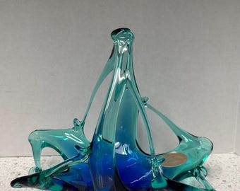 VTG Murano Style Glassware Blue Green Art Glass Basket