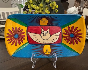 VTG Mexico Folk Art Hand Painted Flowers Sun Bat Long Wood Tray/Bowl