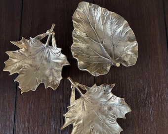 VTG set of 3 Virginia Metalcrafters Solid Brass Maple Rhubarb Leaf Dish