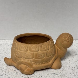 May include: A terracotta-colored turtle-shaped planter. The planter has a round opening and is designed with a textured shell pattern. The turtle's head and legs are also detailed. This decorative item is suitable for small plants.