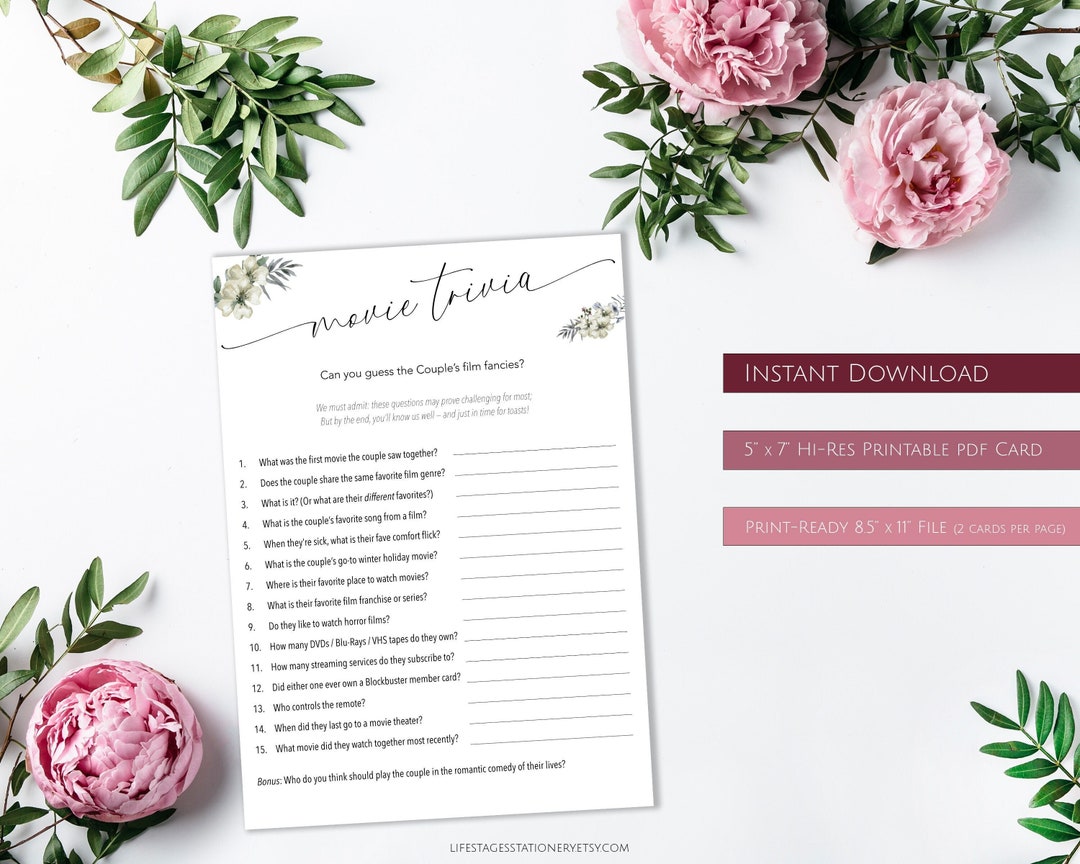 Wedding Games for Reception Movie Trivia Bridal Shower Game Etsy