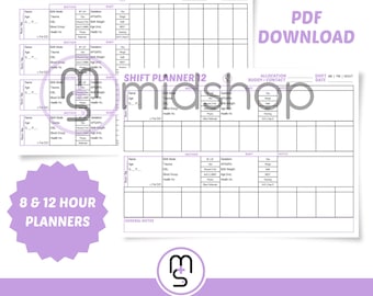 May include: Printable postpartum shift planner in PDF format. The planner includes sections for 8 and 12 hour shifts, with space for patient information, notes, and allocation of buddies or contacts. The planner is designed for nurses and other healthcare professionals working in postnatal care.