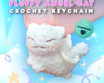 Fluffy Angel Cat Crochet Plushie Keychain | Handmade Amigurumi Bag Charm