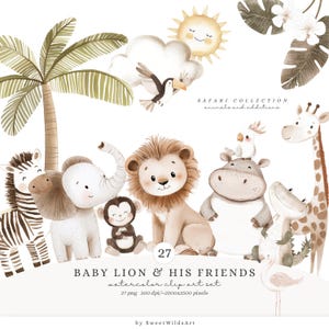 Aquarell Safari Tiere Clipart, süße Tiere Clipart, Baby Tiere, Baby Dusche Clipart, Safari Kindergarten, Boho tropische Tiere
