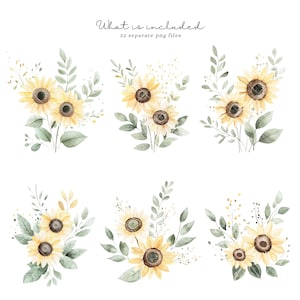 May include: Watercolor illustrations of sunflowers and greenery. The image features six arrangements of sunflowers with yellow petals and dark brown centers, accented by green leaves and delicate sprigs. Text at the top reads "What is included" and "32 separate png files."