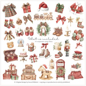 K&ouml;nnte beinhalten: Aquarellillustrationen mit weihnachtlichen Motiven, darunter Geschenke, ein Weihnachtsmannhut, eine Eisenbahn, ein Kranz, Stiefel, ein Schaukelpferd und ein Briefkasten. Die Elemente weisen ein rot-gr&uuml;nes Karomuster auf.