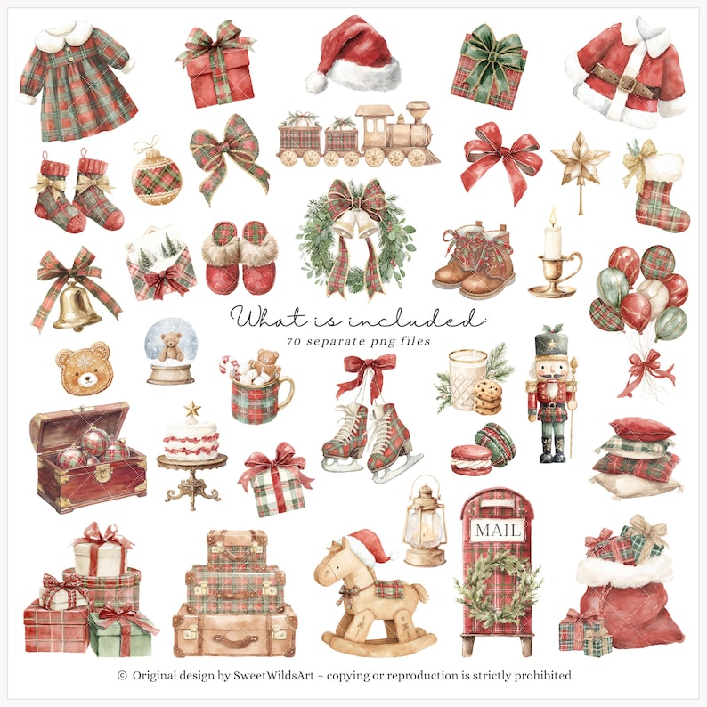 K&ouml;nnte beinhalten: Aquarellillustrationen mit weihnachtlichen Motiven, darunter Geschenke, ein Weihnachtsmannhut, eine Eisenbahn, ein Kranz, Stiefel, ein Schaukelpferd und ein Briefkasten. Die Elemente weisen ein rot-gr&uuml;nes Karomuster auf.