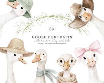 Watercolor Goose Portraits Clipart, Cute Silly Goose Clipart, Nursery Baby Animals, Baby Shower Clip Art, Spring Vintage Cottagecore