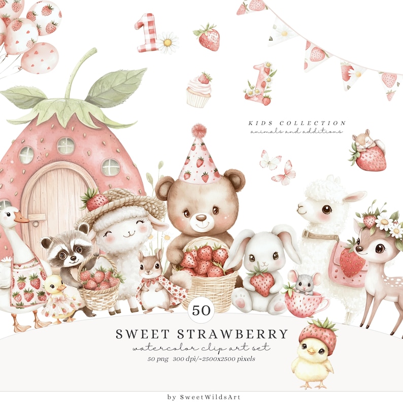 May include: A set of 50 watercolour clip art images featuring cute animals and objects with a strawberry theme. The images include a bear wearing a party hat, a bunny holding a strawberry, a llama, a deer, a chick, a raccoon, a sheep, a squirrel, a goose, and a mouse. The images are perfect for creating invitations, cards, party decorations, and other craft projects.