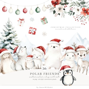 Aquarell Polarfreunde Clipart, Süße arktische Tiere PNG, Weihnachtsbabys Clip Art, Winter-Baby-Tiere PNG, Weihnachten-Baby-Dusche