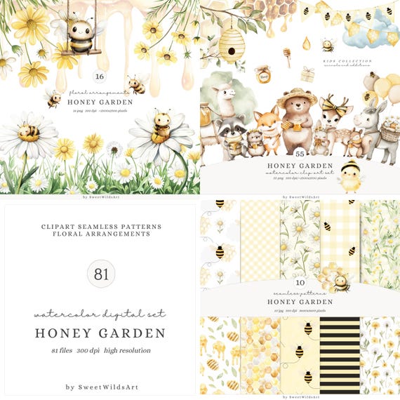 Watercolor Honey Garden Clipart Set, Cute Animals PNG, Bees, Baby Bee Clipart, Summer Flowers, Forest Friends, Digital Download