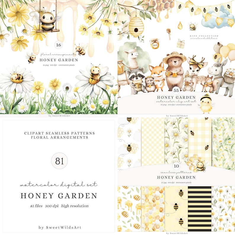 May include: Watercolor digital clip art set featuring honey bees, daisies, and woodland animals. The set includes 16 floral arrangements, 10 seamless patterns, and 55 watercolor clipart elements. All files are 300 dpi high resolution.