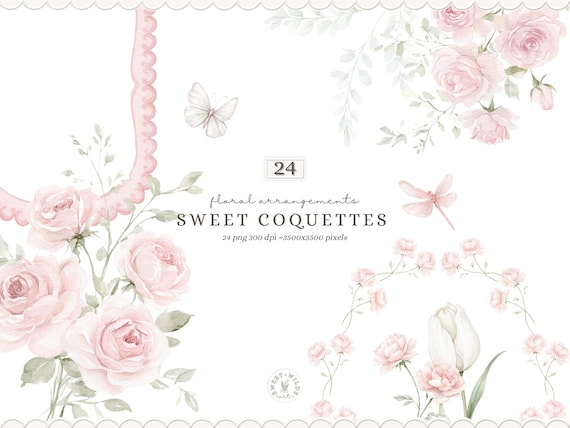 Watercolor Sweet Coquettes Floral Arrangements Clipart, Pink Roses Bouquet PNG, Coquette Flowers, Baby Shower Florals, Romantic Floral Set