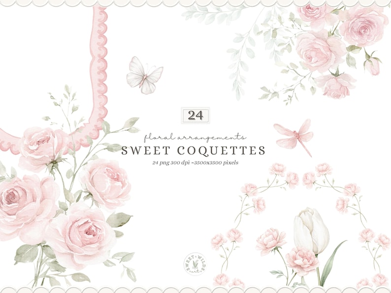 May include: Watercolor floral arrangements featuring soft pink roses, butterflies, and a dragonfly. The image includes a decorative pink frame and the text "Sweet Coquettes" with details about the image's resolution and file type.