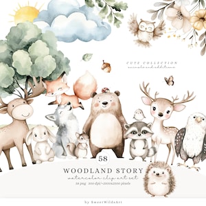 Clipart di storie di boschi ad acquerello, PNG di boschi carini, Clipart di animali da compagnia, Baby shower di boschi carini, Asilo nido di boschi, Download digitale