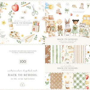 Watercolor Back to School Clipart and Seamless Patterns Bundle (Digital Download)