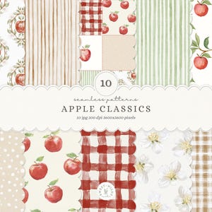 Op de afbeelding: Een collectie van 10 naadloze digitale patronen genaamd APPLE CLASSICS, met aquarelillustraties van rode appels, groene bladeren, witte bloesems, rood-wit gingham, bruine ruitjes en strepen op een crème- en witte achtergrond.