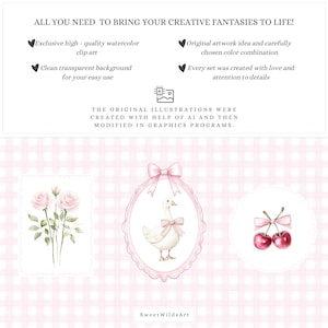 May include: A set of watercolour clip art in pink and white. The illustrations include pink roses, a goose with a pink bow, and cherries with pink bows. Text reads "ALL YOU NEED TO BRING YOUR CREATIVE FANTASIES TO LIFE!"