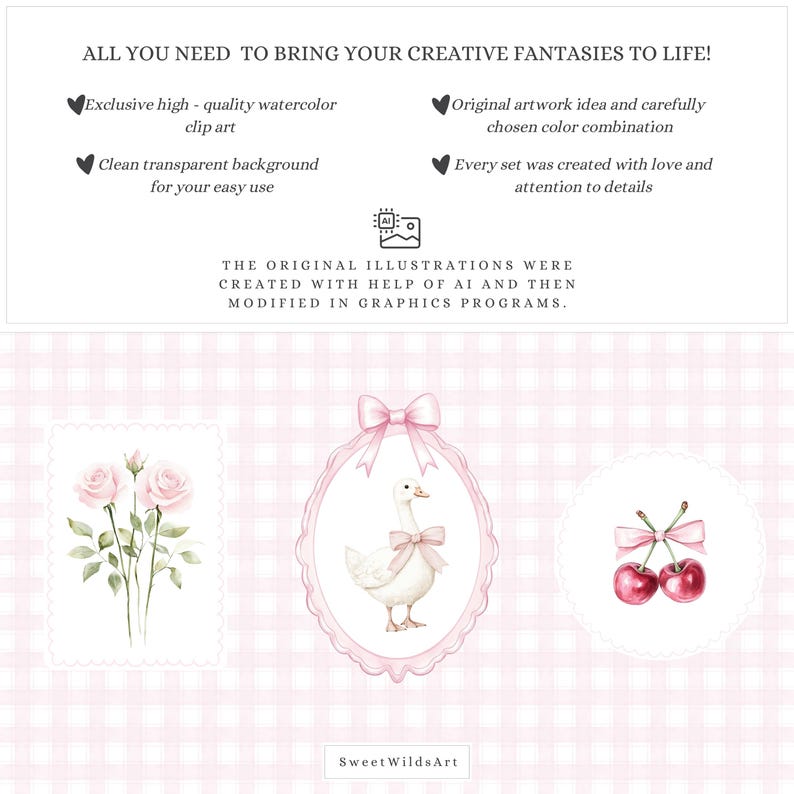 May include: A set of watercolour clip art in pink and white. The illustrations include pink roses, a goose with a pink bow, and cherries with pink bows. Text reads "ALL YOU NEED TO BRING YOUR CREATIVE FANTASIES TO LIFE!"