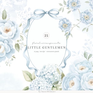 May include: A watercolour floral design with light blue flowers, green leaves, and an oval frame tied with a ribbon. The text "LITTLE GENTLEMEN" is displayed within the frame, along with other details about the arrangement.