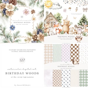 Aquarell Wald Clipart Set, Waldtiere Geburtstag PNG, süße Waldparty Clipart, Baby Tiere Wald, Kinder Party, Digital