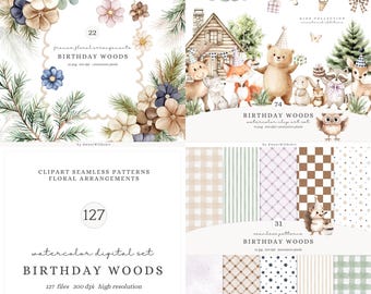 Watercolor Woodland Birthday Clipart Set, Forest Animals (Digital Download)