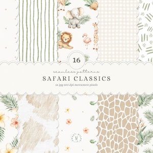 Watercolor Safari Seamless Patterns, Animals Patterns, Jungle Nursery Digital Paper, Nursery Print, Tropical Leaves, Kids Safari Patterns
