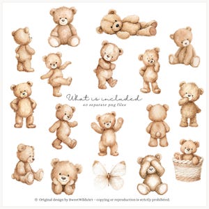 May include: Watercolor illustrations of various teddy bears in different poses, including standing, sitting, and lying down. The image also includes a butterfly and a basket. Text reads "What is included 60 separate png files."