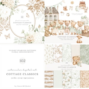 Puede incluir: Colección de arte digital con arreglos florales, osos de peluche y patrones sin costuras. La imagen incluye el texto "COTTAGE CLASSICS" y "watercolor digital set". La paleta de colores incluye marrones, verdes y blancos suaves.