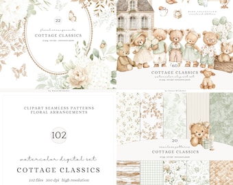 Aquarel teddyberen clipart, cottage klassiekers kinderkamer clipart, vintage speelgoed png, babyshower decor, Grandmillennial digitale download