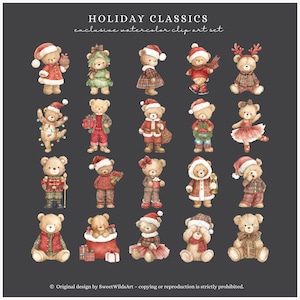K&ouml;nnte beinhalten: Aquarell-Clip-Art-Set mit verschiedenen Teddyb&auml;ren in festlicher Kleidung. Die B&auml;ren tragen Weihnachtsm&uuml;tzen, karierte Outfits und festliche Accessoires. Der Text lautet "HOLIDAY CLASSICS" und "exclusive watercolor clip art set".