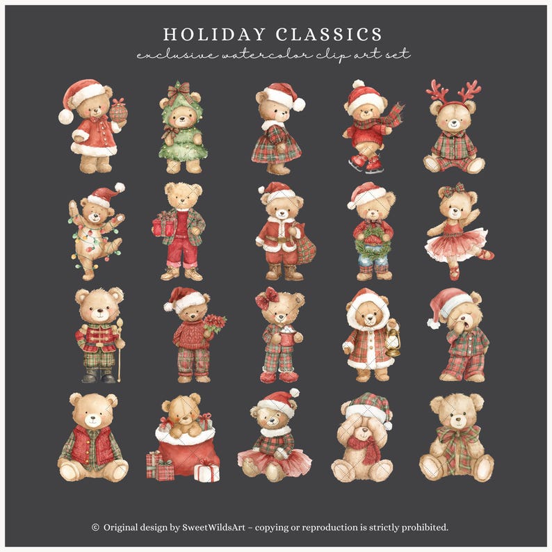 K&ouml;nnte beinhalten: Aquarell-Clip-Art-Set mit verschiedenen Teddyb&auml;ren in festlicher Kleidung. Die B&auml;ren tragen Weihnachtsm&uuml;tzen, karierte Outfits und festliche Accessoires. Der Text lautet "HOLIDAY CLASSICS" und "exclusive watercolor clip art set".