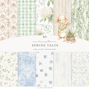 水彩画「春の物語」シームレスパターン、春の模様、ギンガムチェックの花柄、コテージコアスクラップブック用紙、デジタルダウンロード