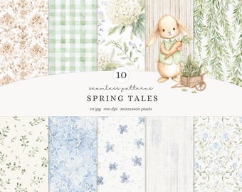 Watercolor Spring Tales Seamless Patterns, Spring Patterns, Gingham Floral Patterns, Cottagecore Scrapbook Paper, Digital Download