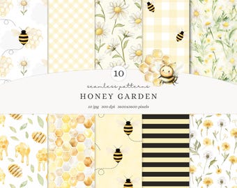 Watercolor Honey Garden Seamless Patterns,Bees, Honeycombs, Gingham, Stripes and Daisies, Watercolor Summer Backgrounds, Digital Download