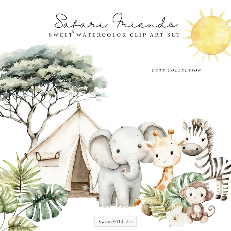 May include: Watercolor illustration of a safari animal friends set. The set includes a cute elephant, giraffe, zebra, and monkey. The animals are standing in front of a tent and a tree. The illustration is perfect for children's books, cards, and other projects.