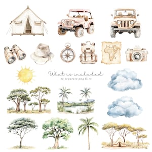 May include: A watercolor illustration set featuring various safari and camping themed elements, including a tent, jeep, binoculars, compass, backpack, map, camera, sun, clouds, and trees. The text "What is included: 56 separate png files" is also included.