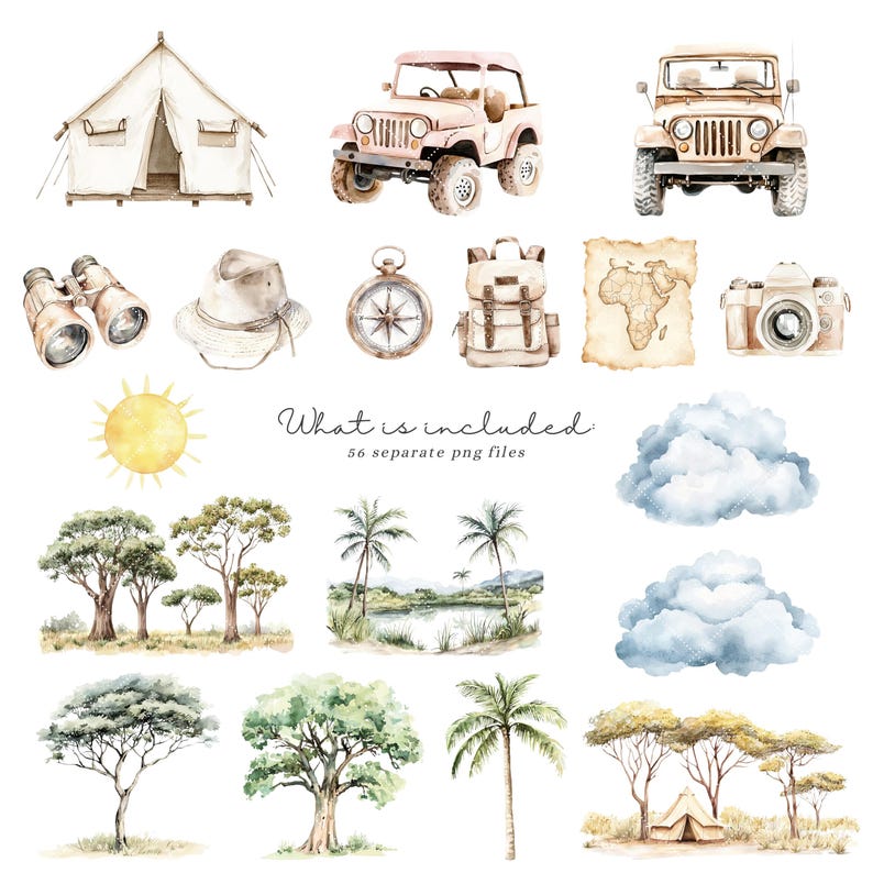 May include: A watercolor illustration set featuring various safari and camping themed elements, including a tent, jeep, binoculars, compass, backpack, map, camera, sun, clouds, and trees. The text "What is included: 56 separate png files" is also included.