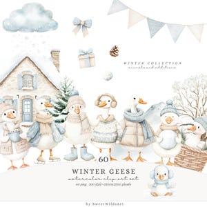 Watercolor Winter Geese Clipart, Cute Silly Goose PNG, Cozy Winter Animals Clipart, Baby Goose, Baby Shower, Digital Download Commercial Use