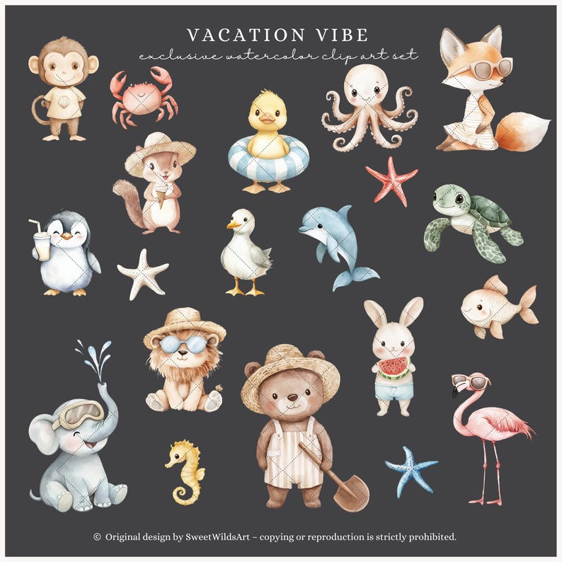 May include: A set of watercolor illustrations featuring various animals and objects with a vacation theme. The illustrations include a monkey, crab, octopus, fox, duck, turtle, seagull, dolphin, fish, rabbit, bear, elephant, seahorse, flamingo, and starfish.