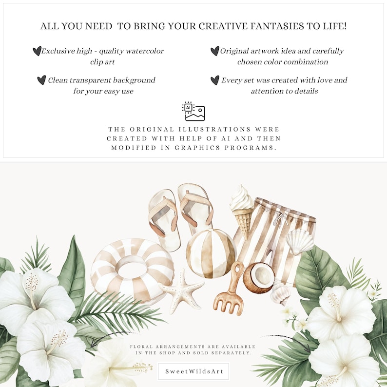 May include: Watercolor illustrations of summer beach items, including flip flops, a beach ball, a life preserver, a coconut, a starfish, a beach shovel, and a popsicle. The illustrations are surrounded by white hibiscus flowers and green leaves.