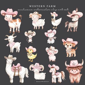 May include: A set of 12 watercolor illustrations featuring farm animals wearing pink cowboy hats. The animals include a cow, sheep, goose, donkey, goat, mouse, duck, pig, llama, sheep, horse, and a cow. The illustrations are perfect for creating invitations, cards, and other crafts.