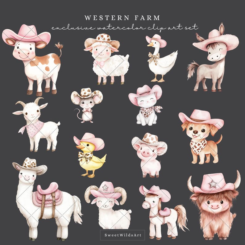 May include: A set of 12 watercolor illustrations featuring farm animals wearing pink cowboy hats. The animals include a cow, sheep, goose, donkey, goat, mouse, duck, pig, llama, sheep, horse, and a cow. The illustrations are perfect for creating invitations, cards, and other crafts.