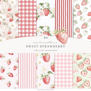 Motivi senza soluzione di continuità con fragole dolci acquerellate, motivo di bacche in formato JPEG, download digitale di motivi floreali di fragole, motivo ripetuto, carta per scrapbooking