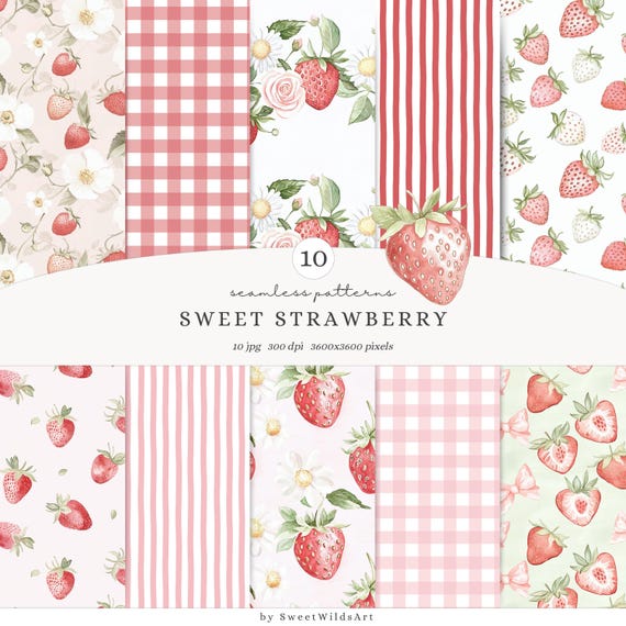 Watercolor Sweet Strawberry Seamless Patterns, Berry Pattern JPEG, Strawberry Floral Digital Download, Repeating pattern, Scrapbook Paper